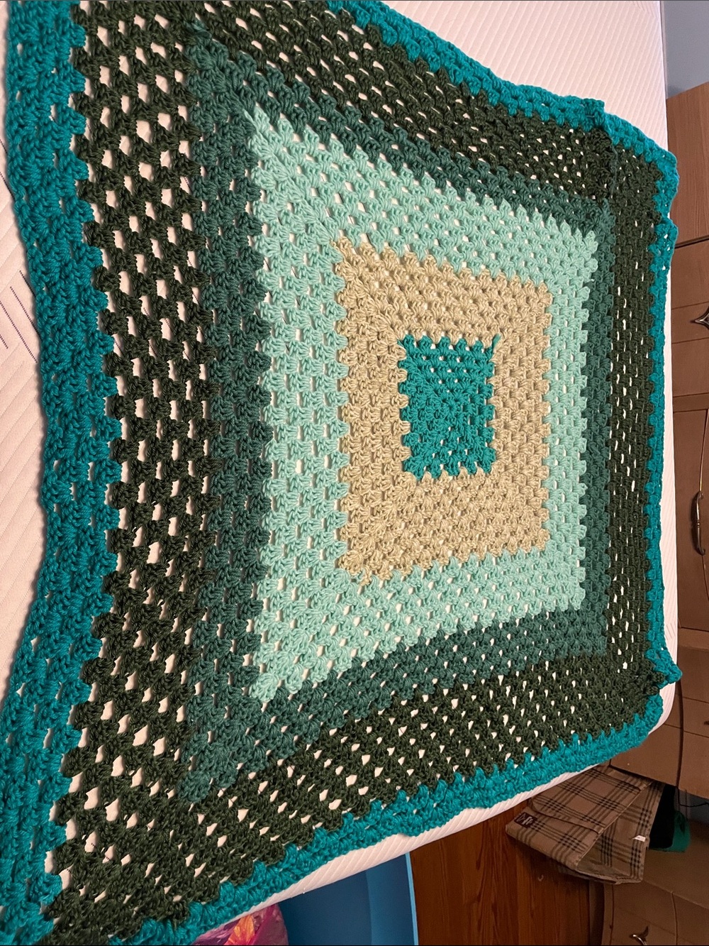43”Handmade Teal, Mint, Cream & Dark Green Crochet granny square Throw